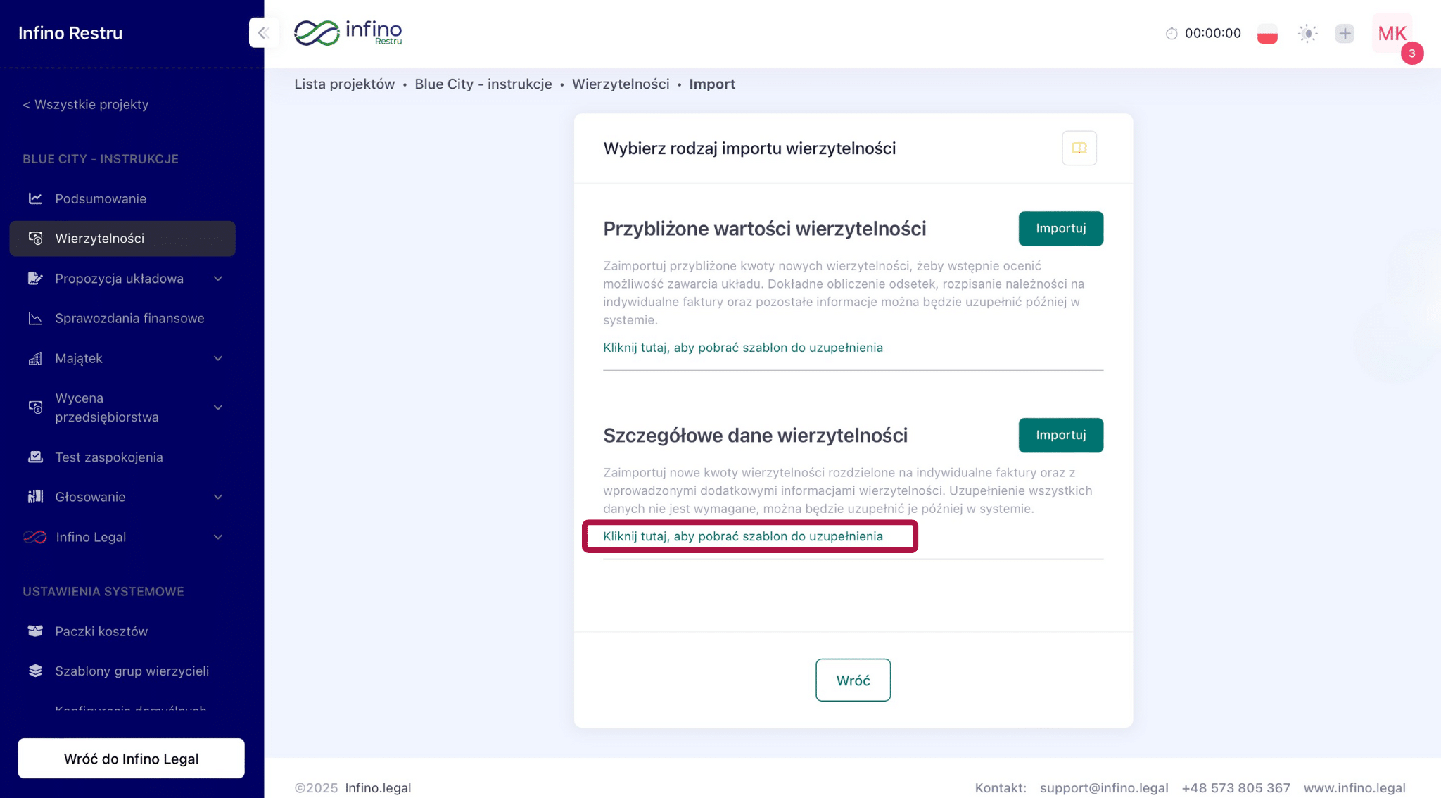 Wybór rodzaju importu wierzytelności w Infino Restru – sekcja „Szczegółowe dane wierzytelności” (kalkulator odsetek).