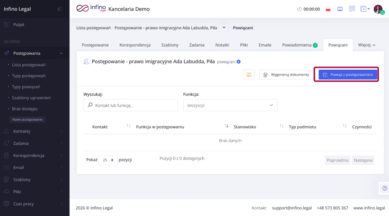 Infino Legal – zakładka „Powiązani” w postępowaniu z przyciskiem „Powiąż z postępowaniem”.
