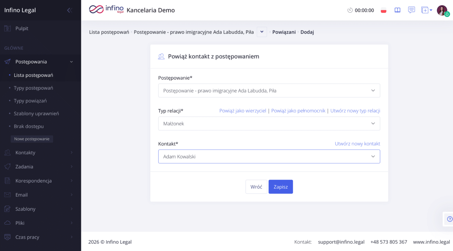 Infino Legal – formularz „Powiąż kontakt z postępowaniem”: wybór typu relacji i kontaktu oraz przycisk „Zapisz”.