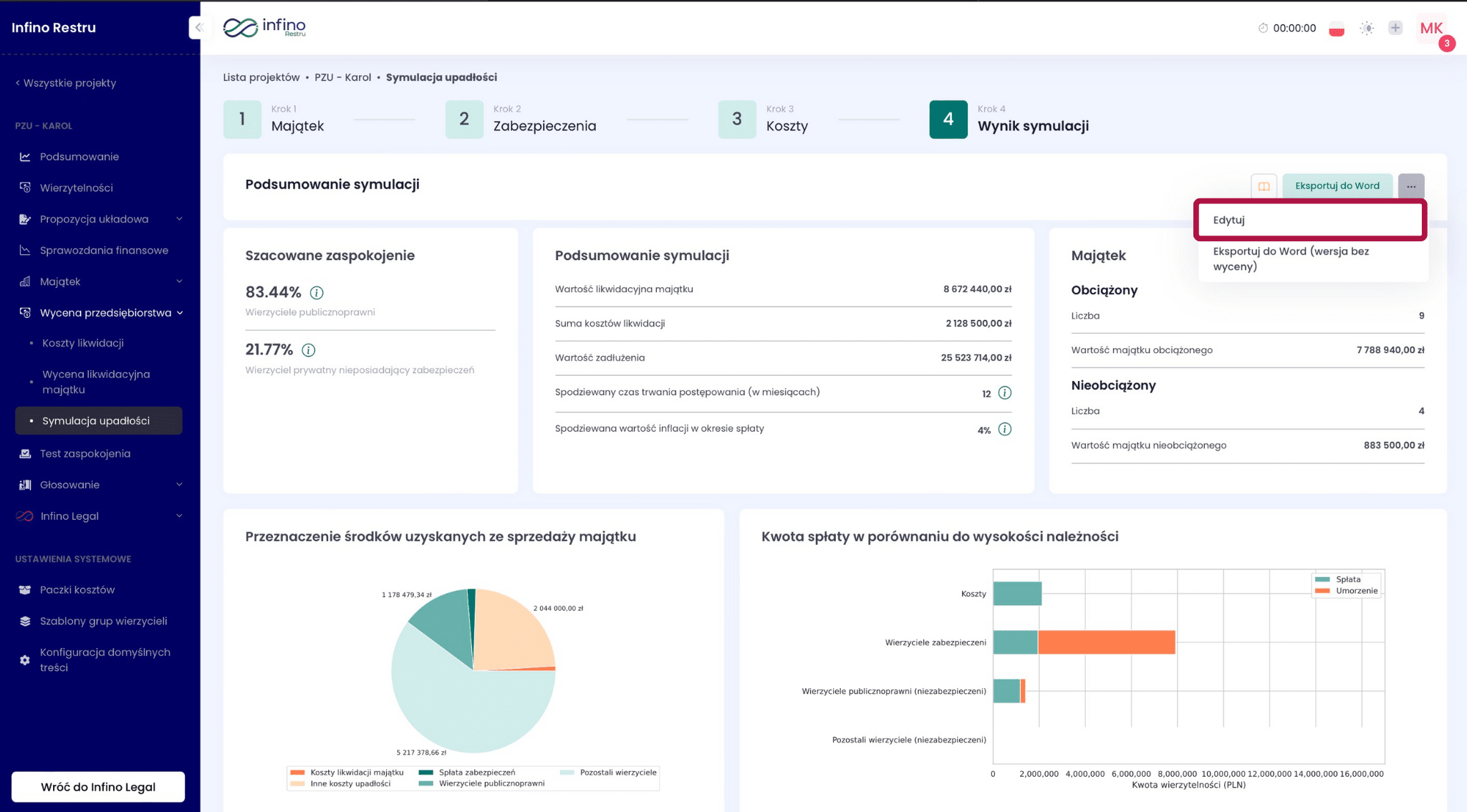 Wynik symulacji upadłości w Infino Restru – menu z opcją „Edytuj” do zmiany parametrów symulacji.