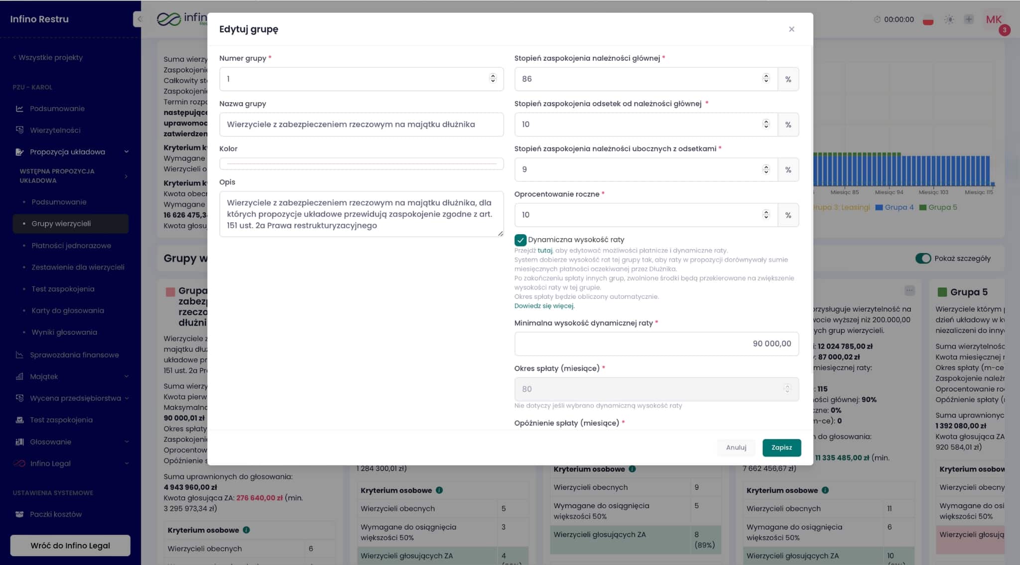 Okno „Edytuj grupę” w Infino Restru – ustawienia stopnia zaspokojenia, oprocentowania, rat i okresu spłaty.