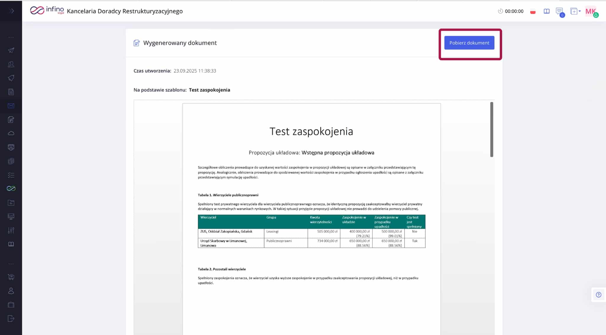Wygenerowany raport „Test zaspokojenia” w Infino Restru – przycisk „Pobierz dokument”.