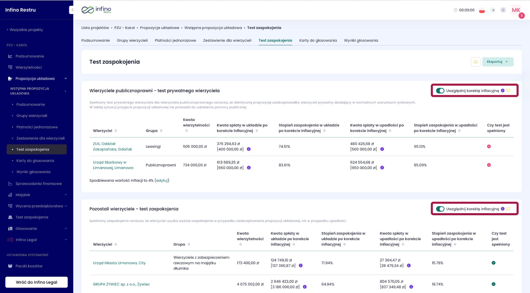 Zakładka „Test zaspokojenia” w Infino Restru – przełącznik „Uwzględnij korektę inflacyjną”